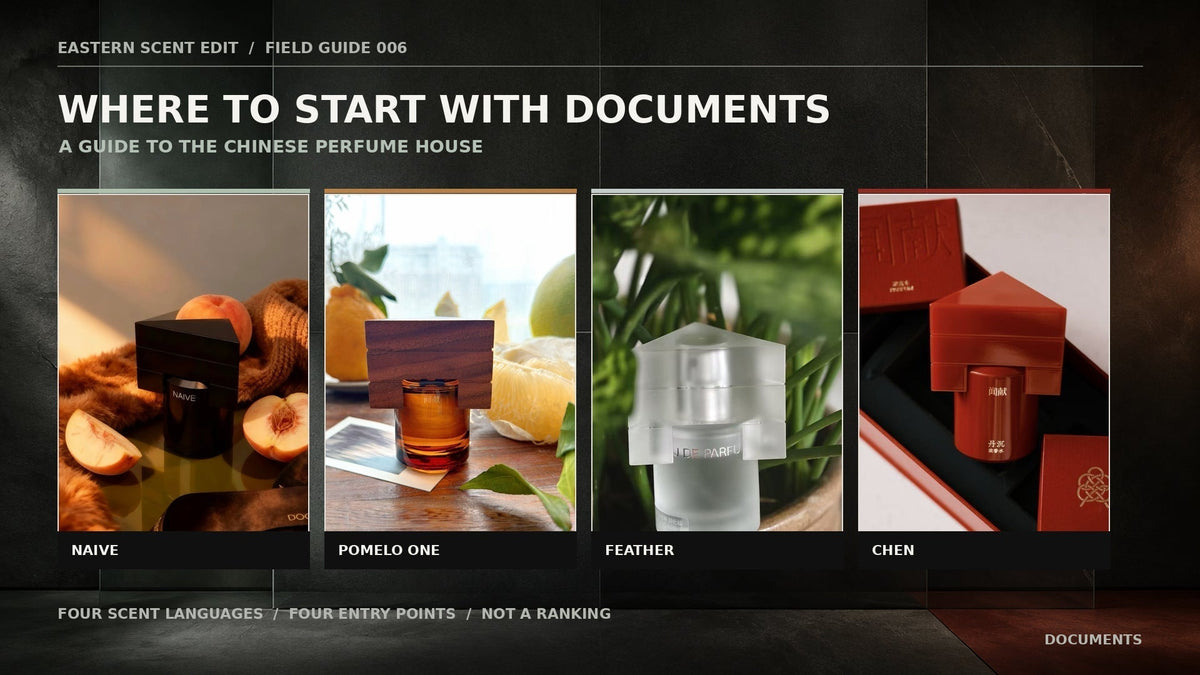 DOCUMENTS Naive, Pomelo One, Feather and CHEN perfume bottles in an Eastern Scent Edit editorial composition
